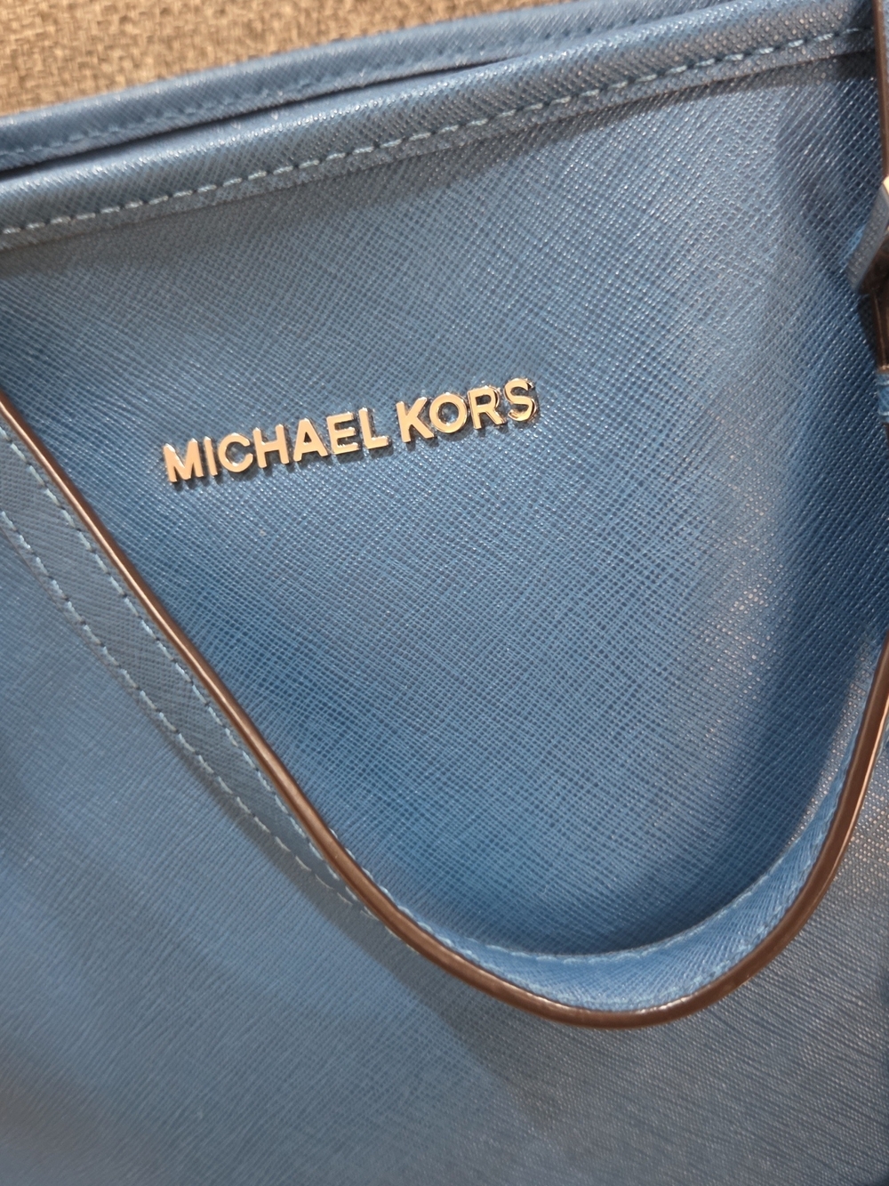 Michael Kors Blue Saffiano Tote with Gold Logo Accent